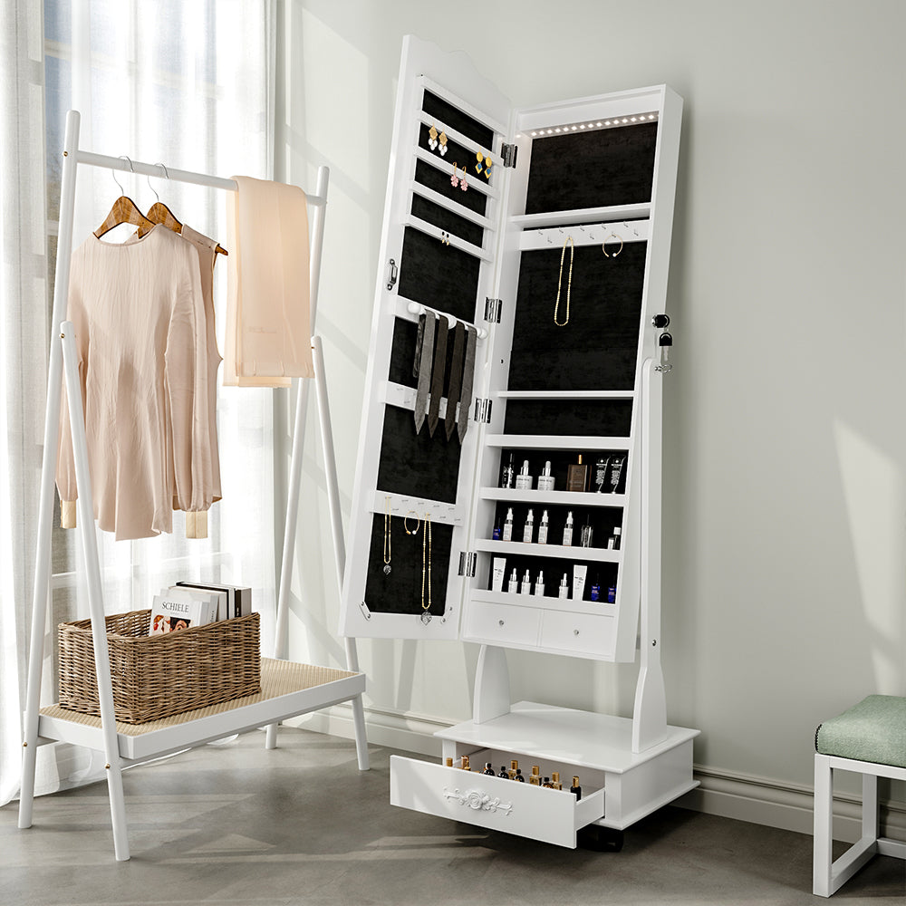 Vintage Lockable Jewelry Armoire Cabinet with Mirror on Wheels