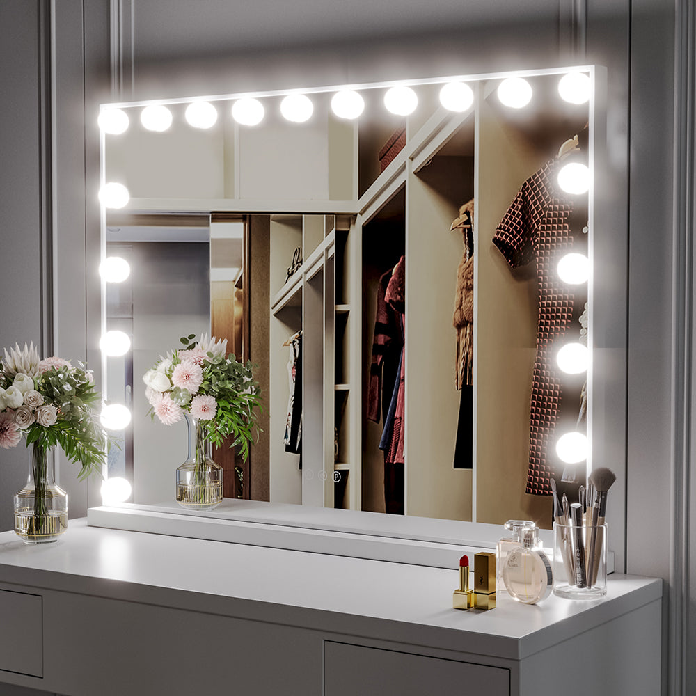 Hollywood Style Lighted Rectangular Makeup Mirror with Base